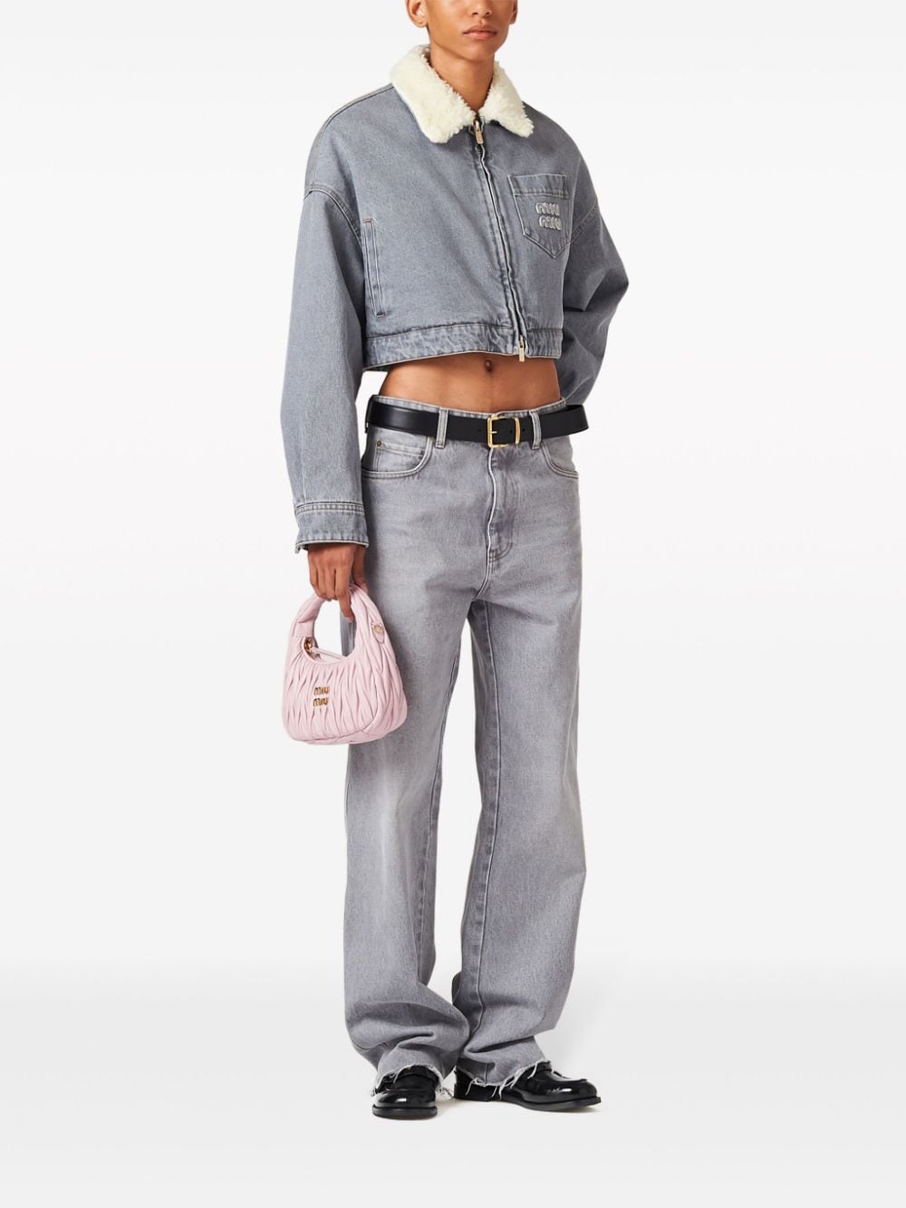 Shop Miu Miu Shearling-collar Denim Jacket In Grey