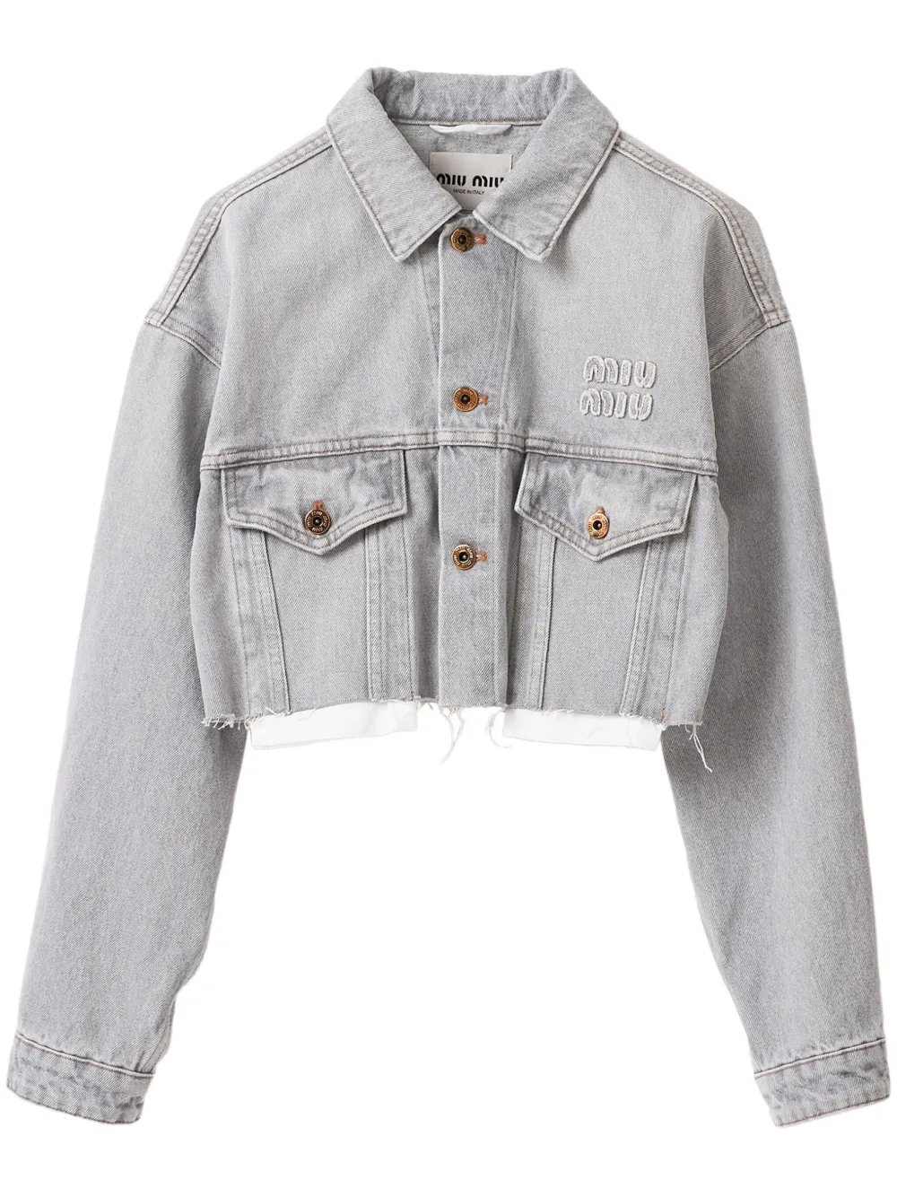 Miu Miu Logo-embroidered Crop Denim Jacket In Grey