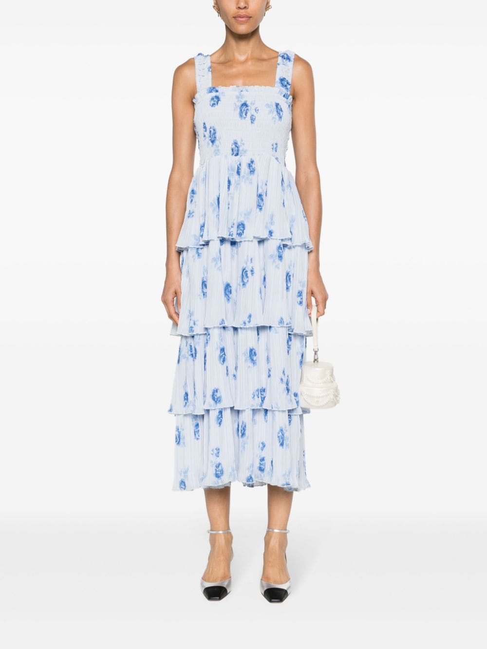Shop Ganni Floral-print Plissé Midi Dress In Blue