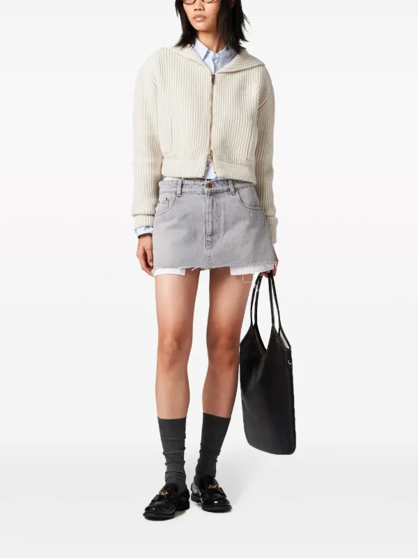 Miu Miu logo-embroidered Denim Miniskirt | Grey | FARFETCH AO