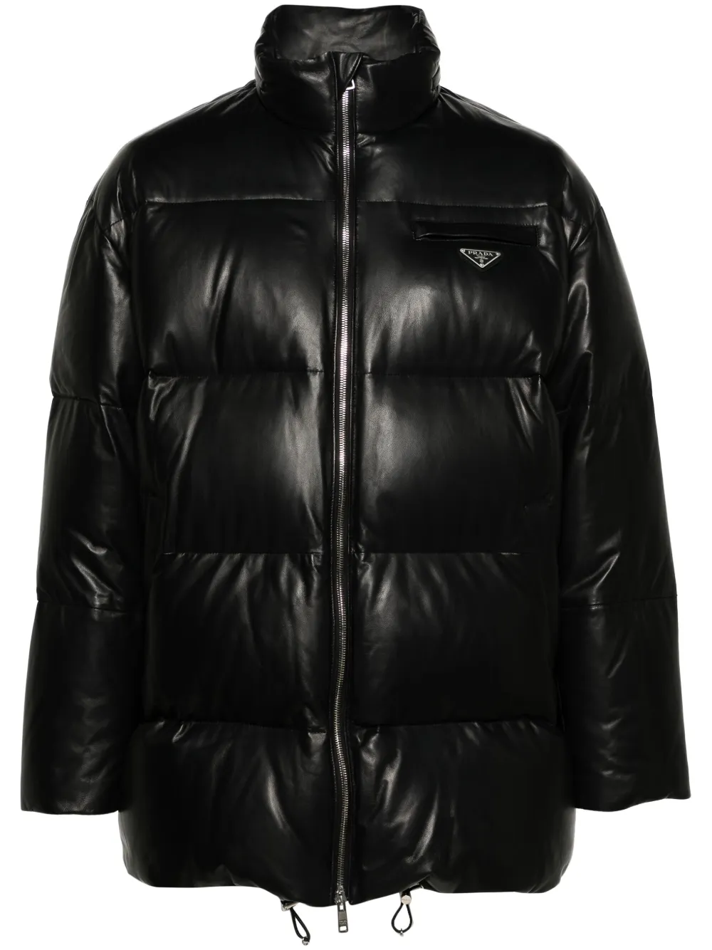 Prada Logo-plaque Leather Puffer Coat In Black