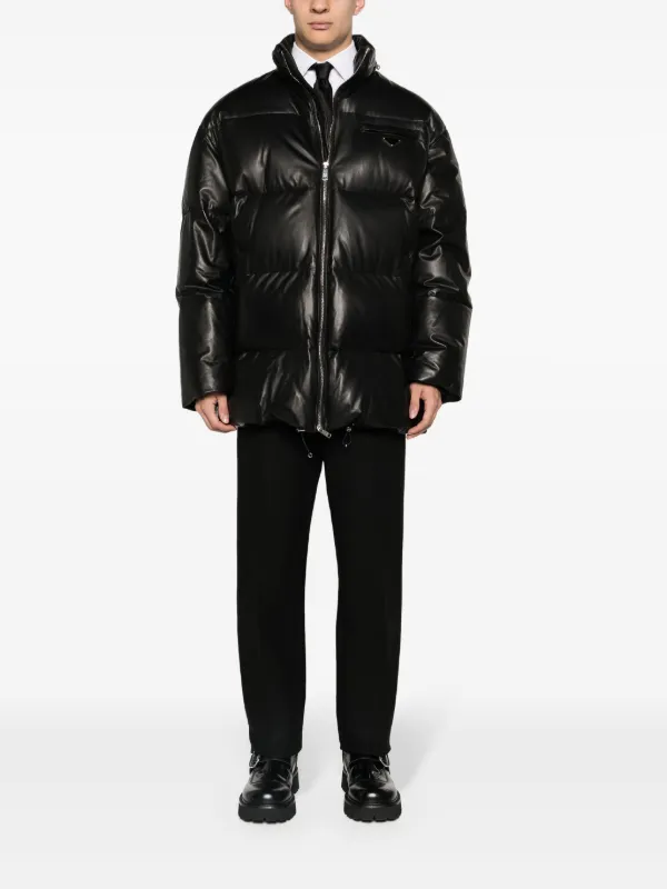 【送料&関税込】Prada Leather Padded Jacket Prada logo-plaque Leather Puffer Coat | Black | FARFETCH