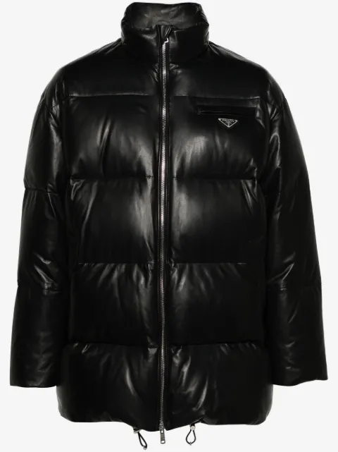 Prada logo-plaque leather puffer coat