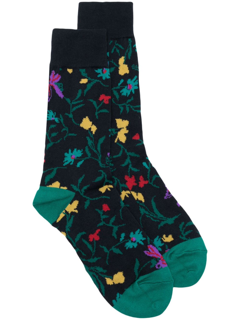 Sacai Logo-print Floral-intarsia Socks In Black