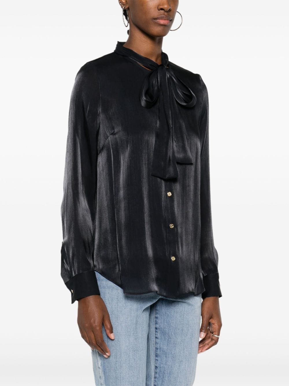 Shop Michael Michael Kors Iridescent Crinkled Pussy-bow Shirt In Black