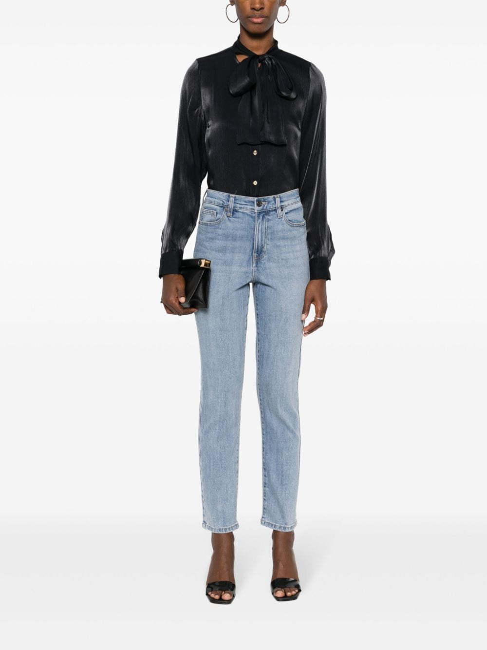 Shop Michael Michael Kors Iridescent Crinkled Pussy-bow Shirt In Black