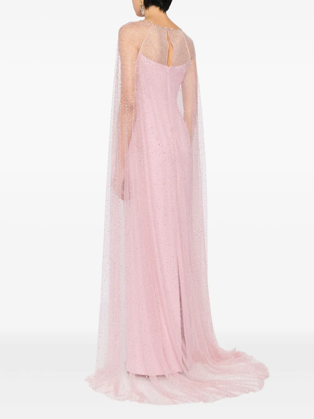 Shop Jenny Packham Cordelia Rhinestone-embellished Cape Gown In Pink