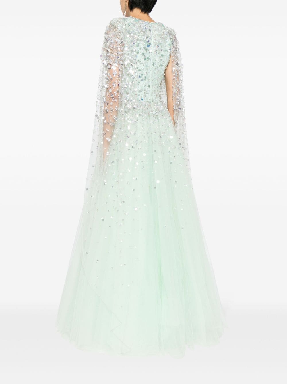 Shop Jenny Packham Alondra Sequin-embellished Cape Gown In Green
