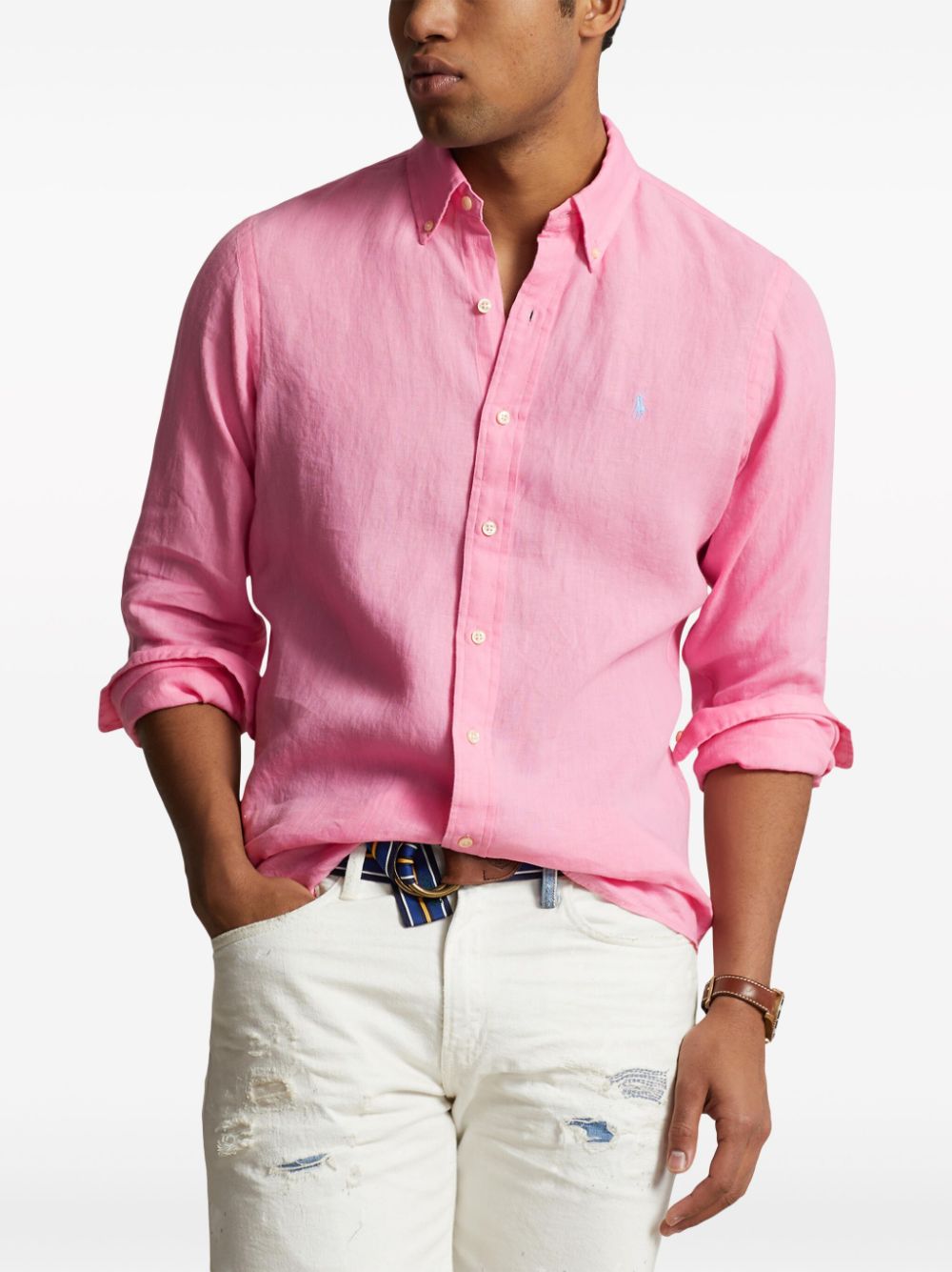 Shop Polo Ralph Lauren Polo Pony Logo-embroidered Linen Shirt In Pink