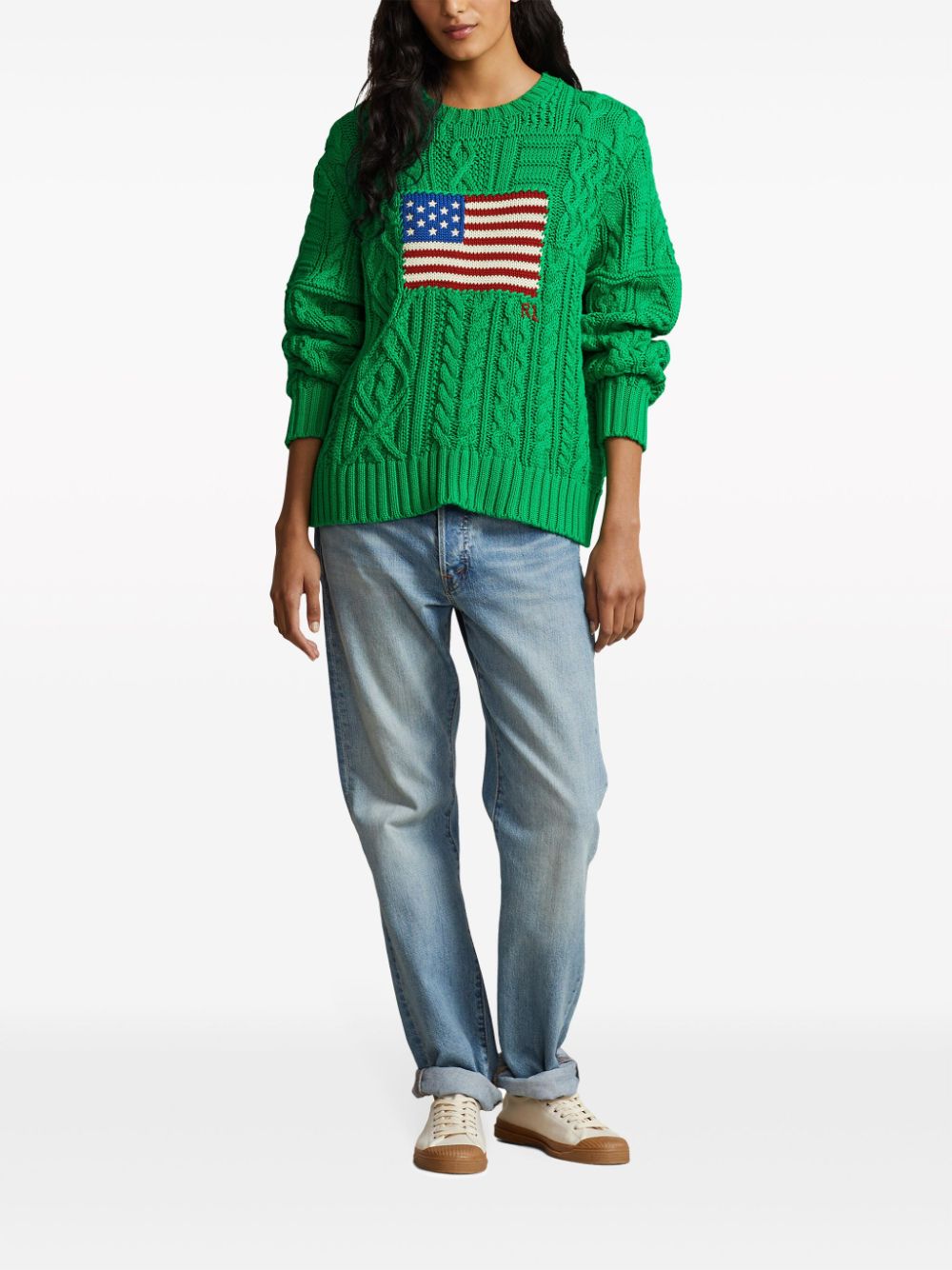 Shop Polo Ralph Lauren Aran Flag Knitted Jumper In Green