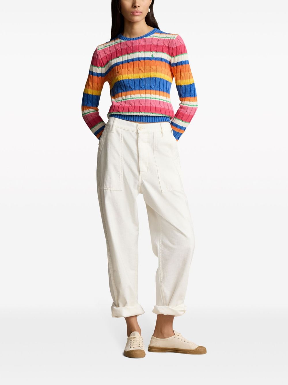 Shop Polo Ralph Lauren Striped Cable-knit Jumper In Blue