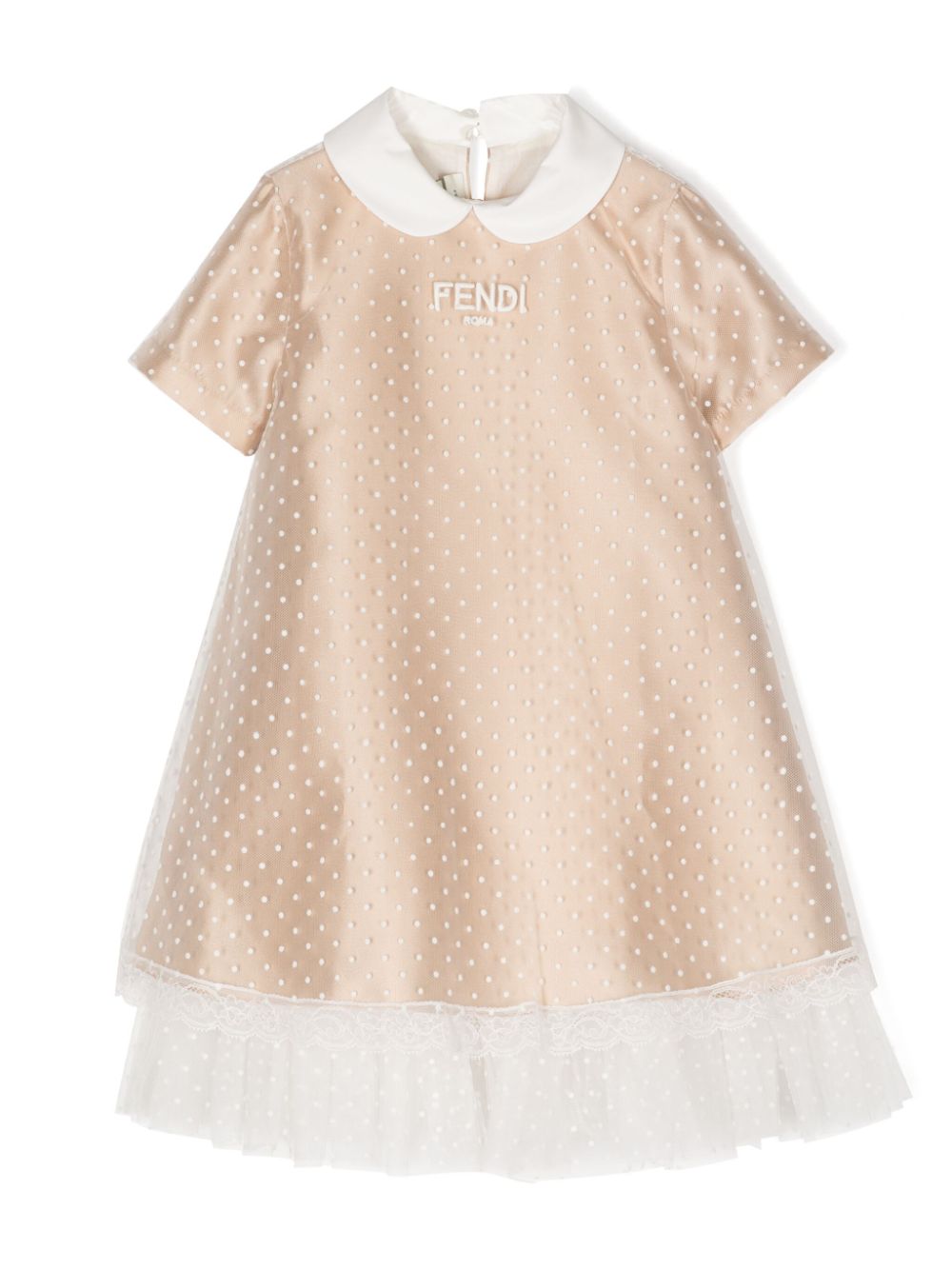 Fendi Kids' Logo-embroidered Lace-trim Dress In Neutrals