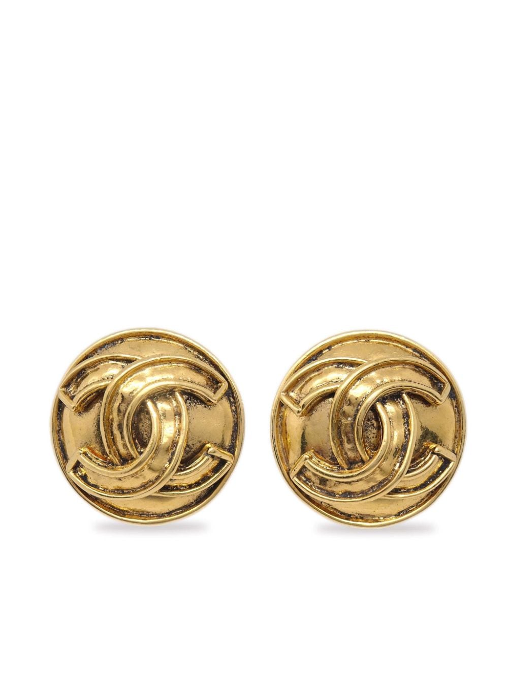 Pre-owned Chanel 1994 Cc-embossed Button Clip-on Earrings In Gold
