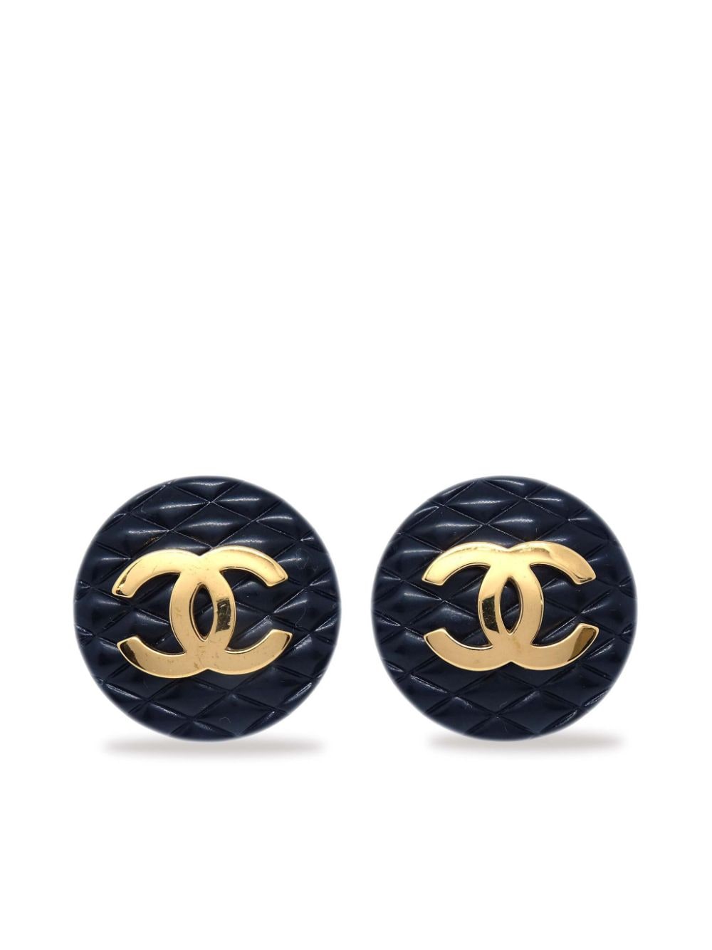 Pre-owned Chanel 1993 Diamond-embossed Cc-logo Button Clip-on Earrings In Black