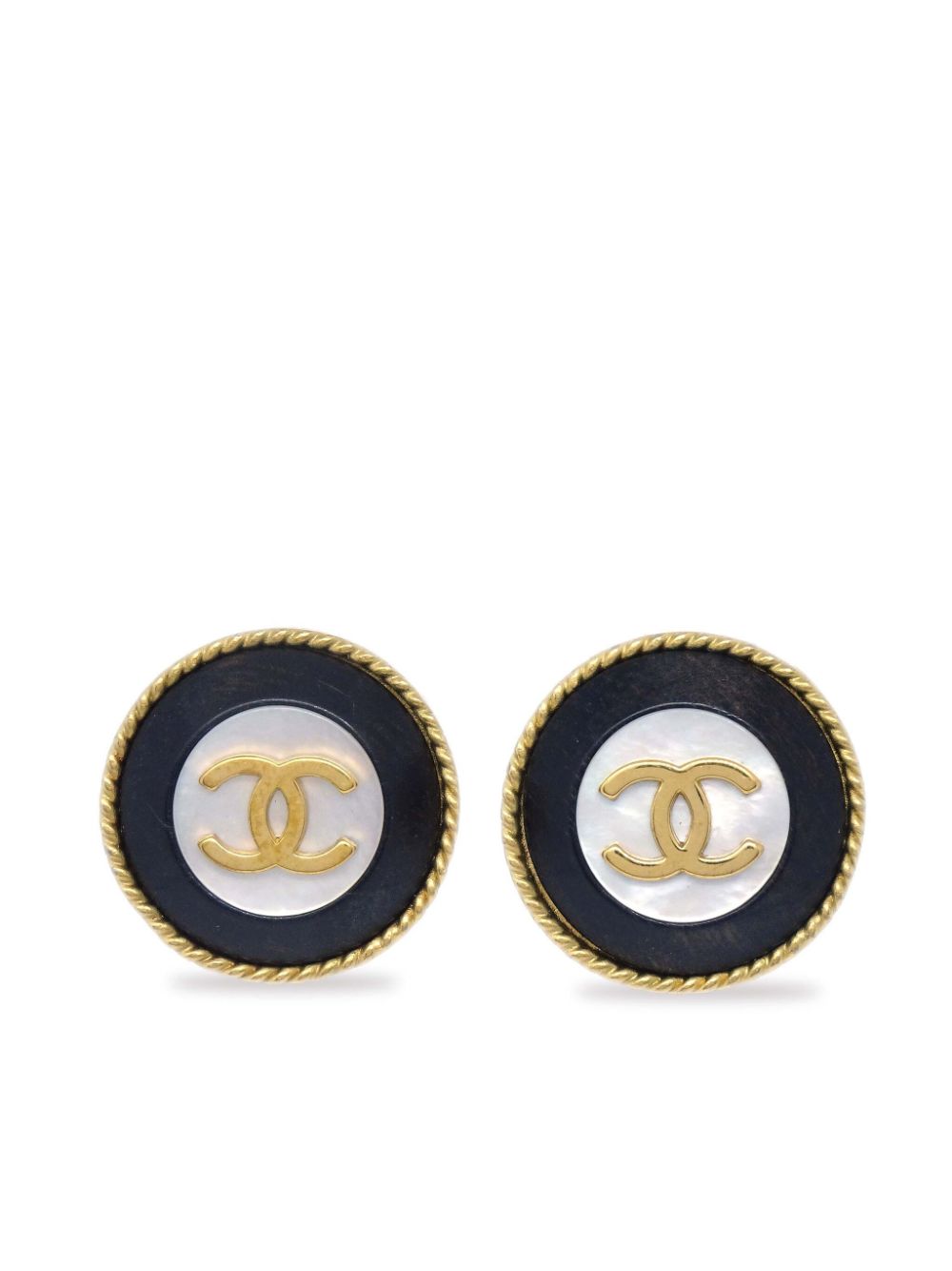 Pre-owned Chanel 1993 Cc-embossed Shell-detailed Clip-on Earrings In Gold