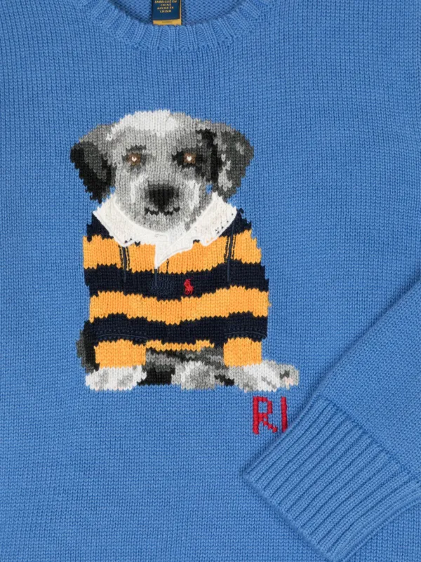 POLO RALPH LAUREN KIDS Dog intarsia knit Cotton Jumper Blue FARFETCH TR