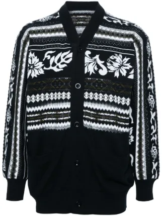 Sacai patterned-intarsia Ribbed Cardigan | Black | FARFETCH BH 