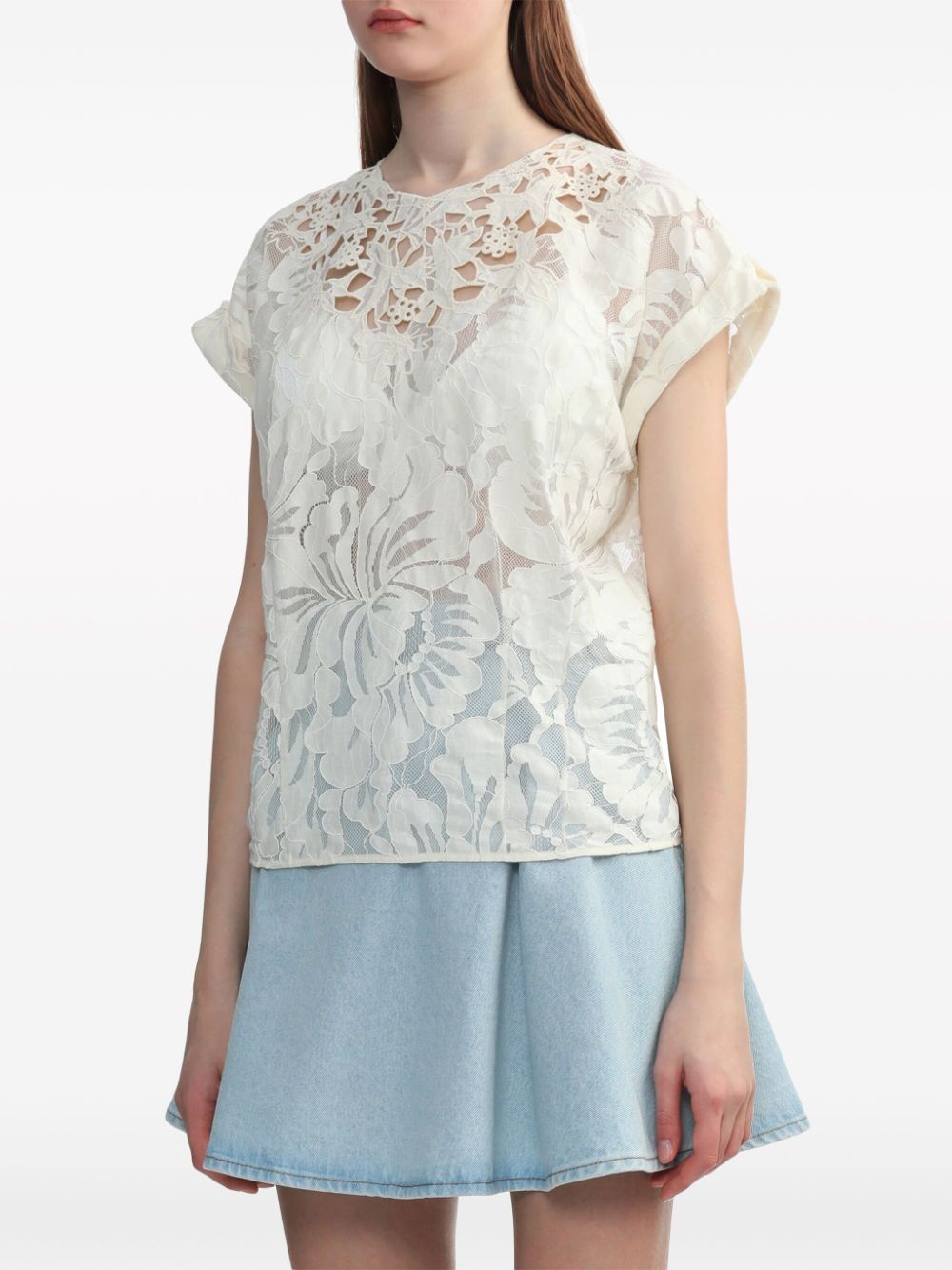 Shop N°21 Lace-detailed Short-sleeve Blouse In Neutrals