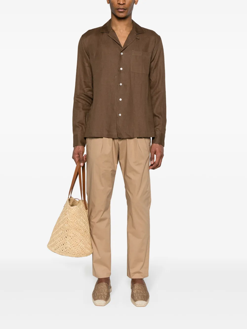 Shop Lardini Camp-collar Linen Shirt In Brown