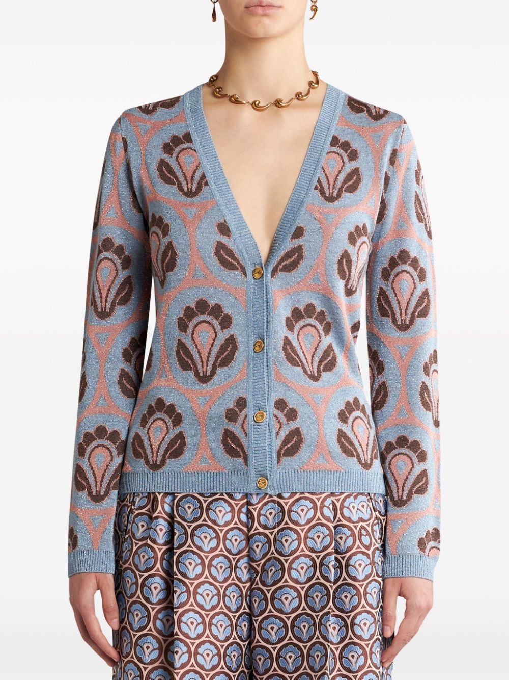 Shop Etro Floral-jacquard V-neck Cardigan In Blue