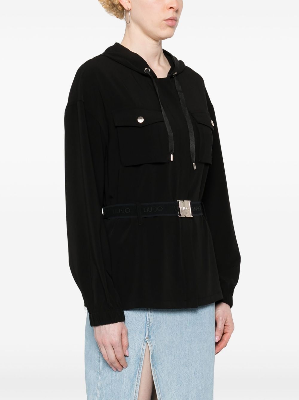 Shop Liu •jo Belted Hooded Jacket In Black
