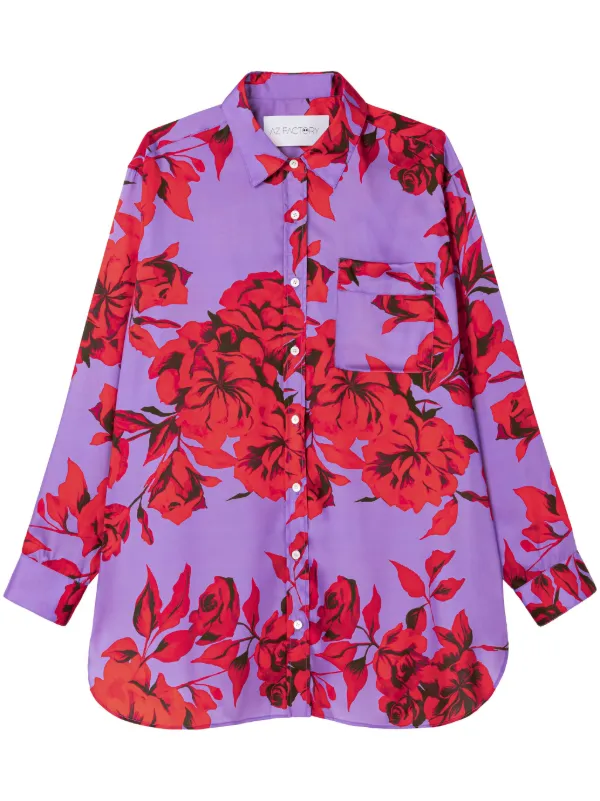 Az Factory Hibiscus-print Satin-finish Shirt in Purple