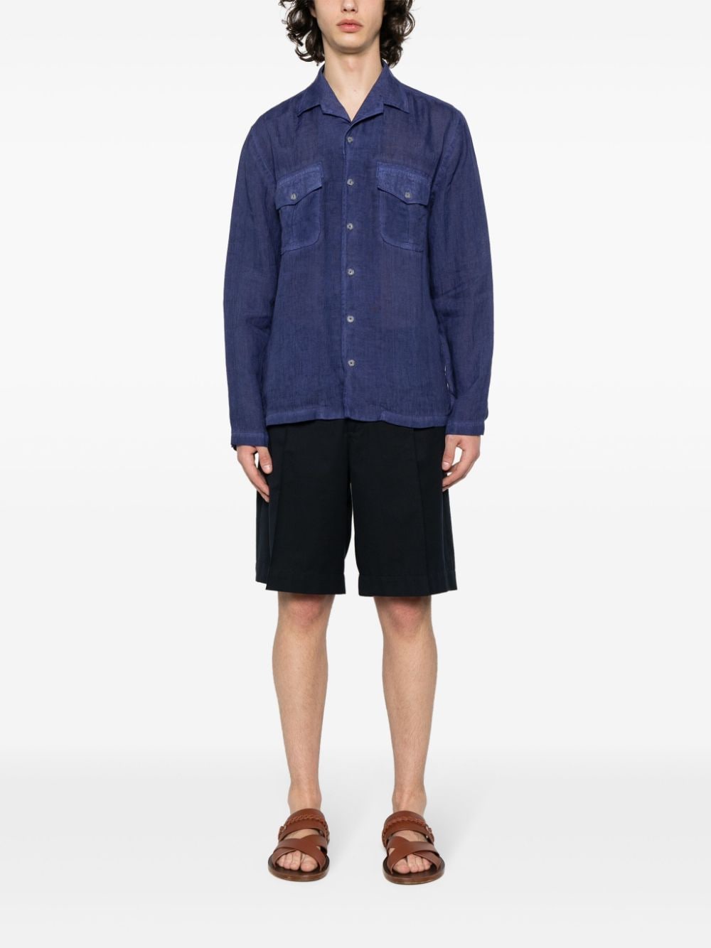Shop 120% Lino Notched-collar Linen Shirt In Blau