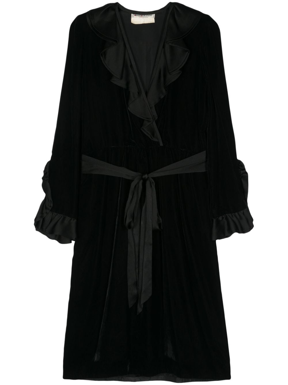 Pre-owned Saint Laurent 1980s Velvet Belted Midi Dress In Black