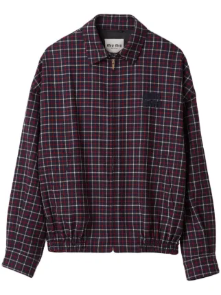 Miu Miu Checked Wool Bomber Jacket | Blue | FARFETCH BN
