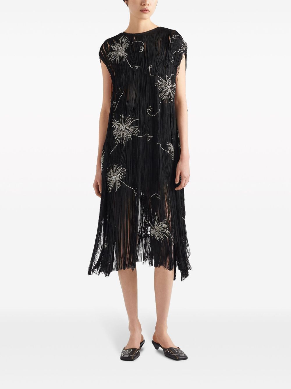 Shop Prada Fringed Embroidered Dress In Black