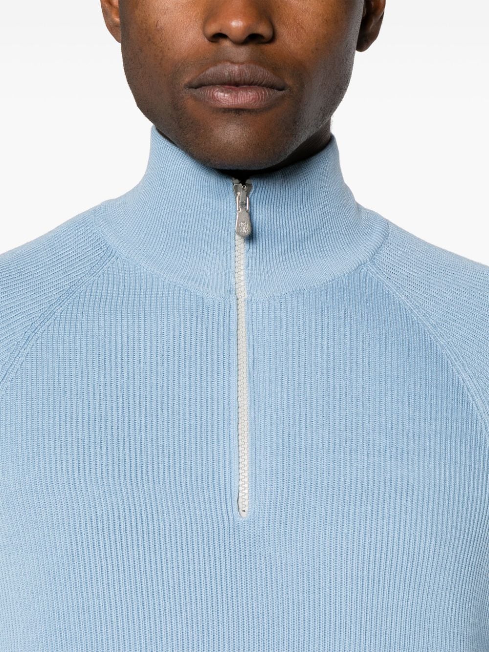 Shop Brunello Cucinelli Half-zip Ribbed-knit Jumper In Blue