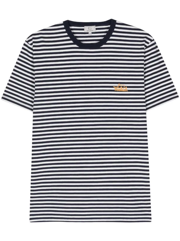 【送料&関税込】Woolrich Striped T-shirt Men's Striped Pure Cotton T-Shirt with Logo white | Woolrich US