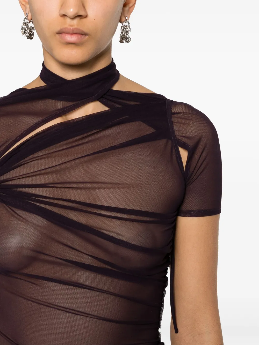 Shop Coperni Asymmetric Draped Mesh Top In Purple