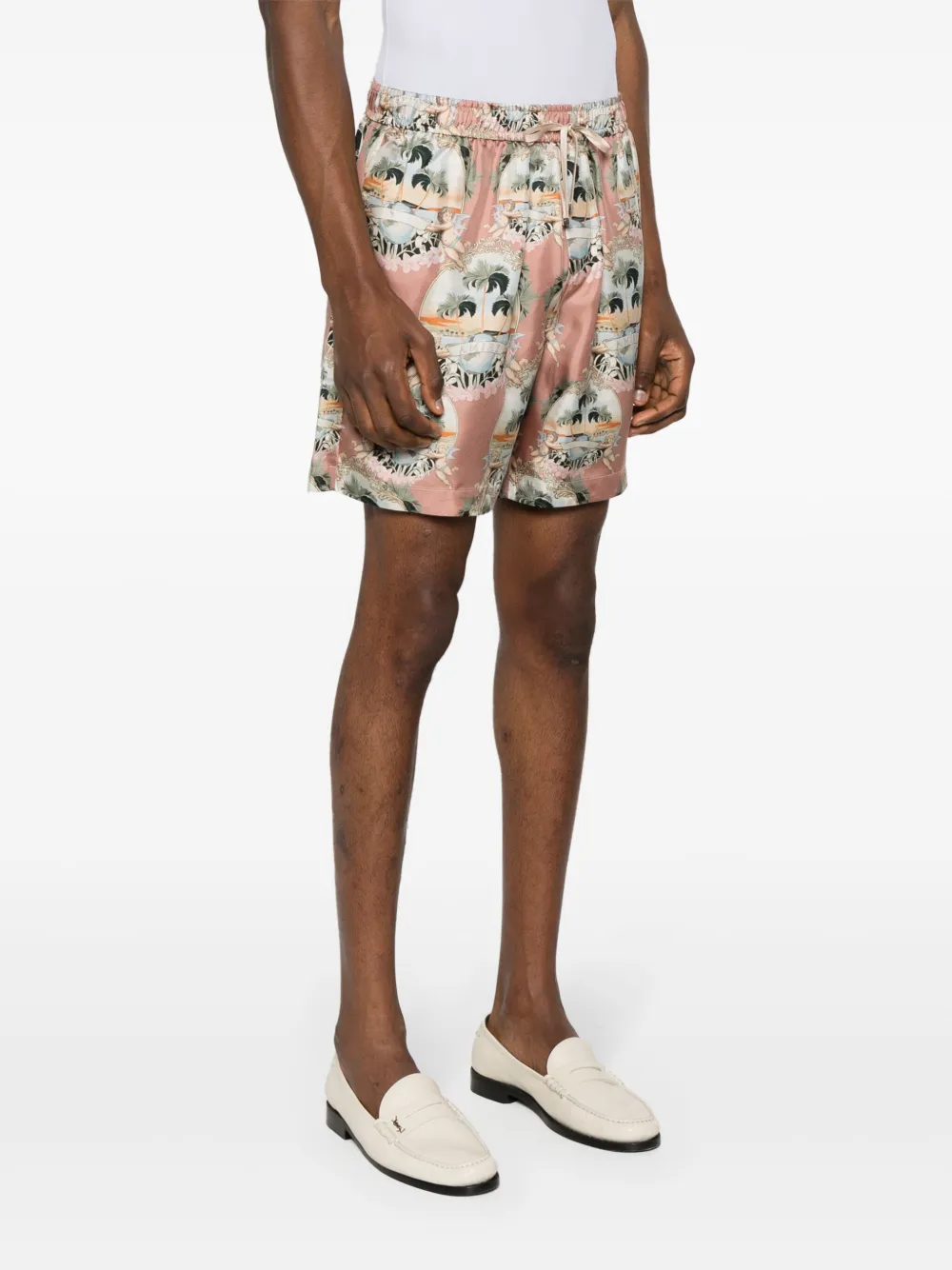 Shop Amiri Graphic-print Silk Shorts In 粉色