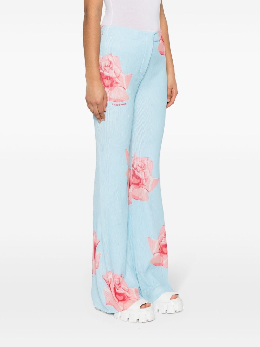 Shop Kenzo Rose-print Flared Trousers In Blue