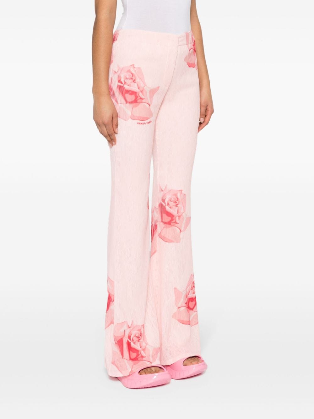 Shop Kenzo Rose-print Flared Trousers In 粉色