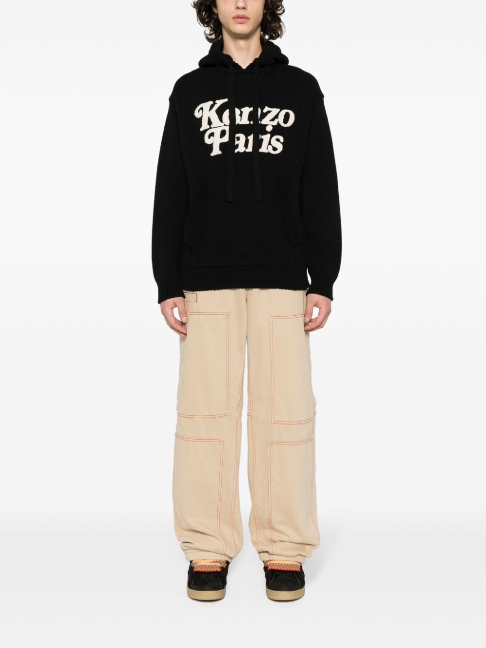 Shop Kenzo Chunky-knit Cotton Hoodie In Black