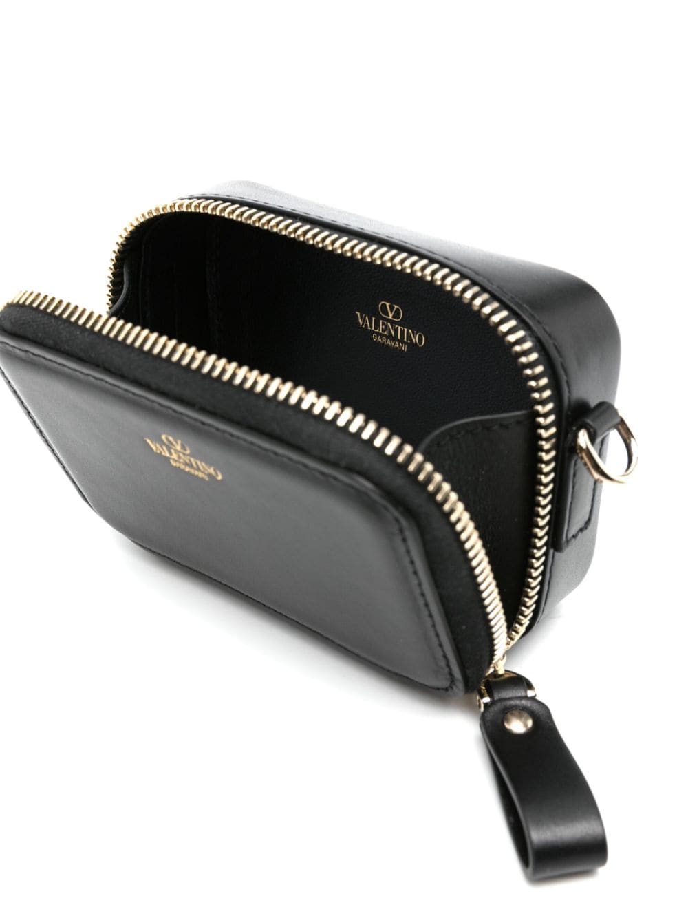 Shop Valentino Rockstud Leather Crossbody Wallet In Black