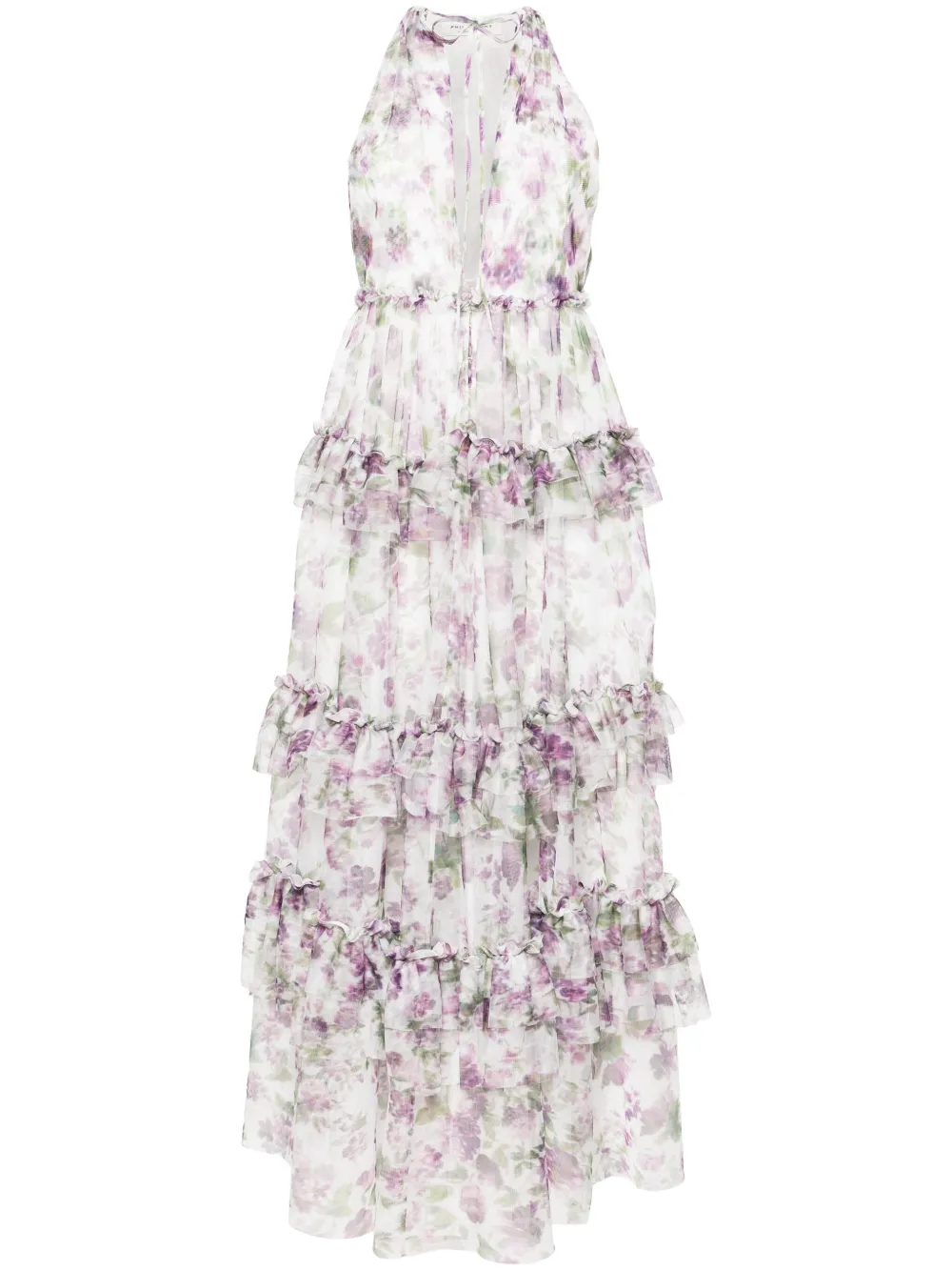 Philosophy Di Lorenzo Serafini Floral-print Tulle Tiered Dress In Purple