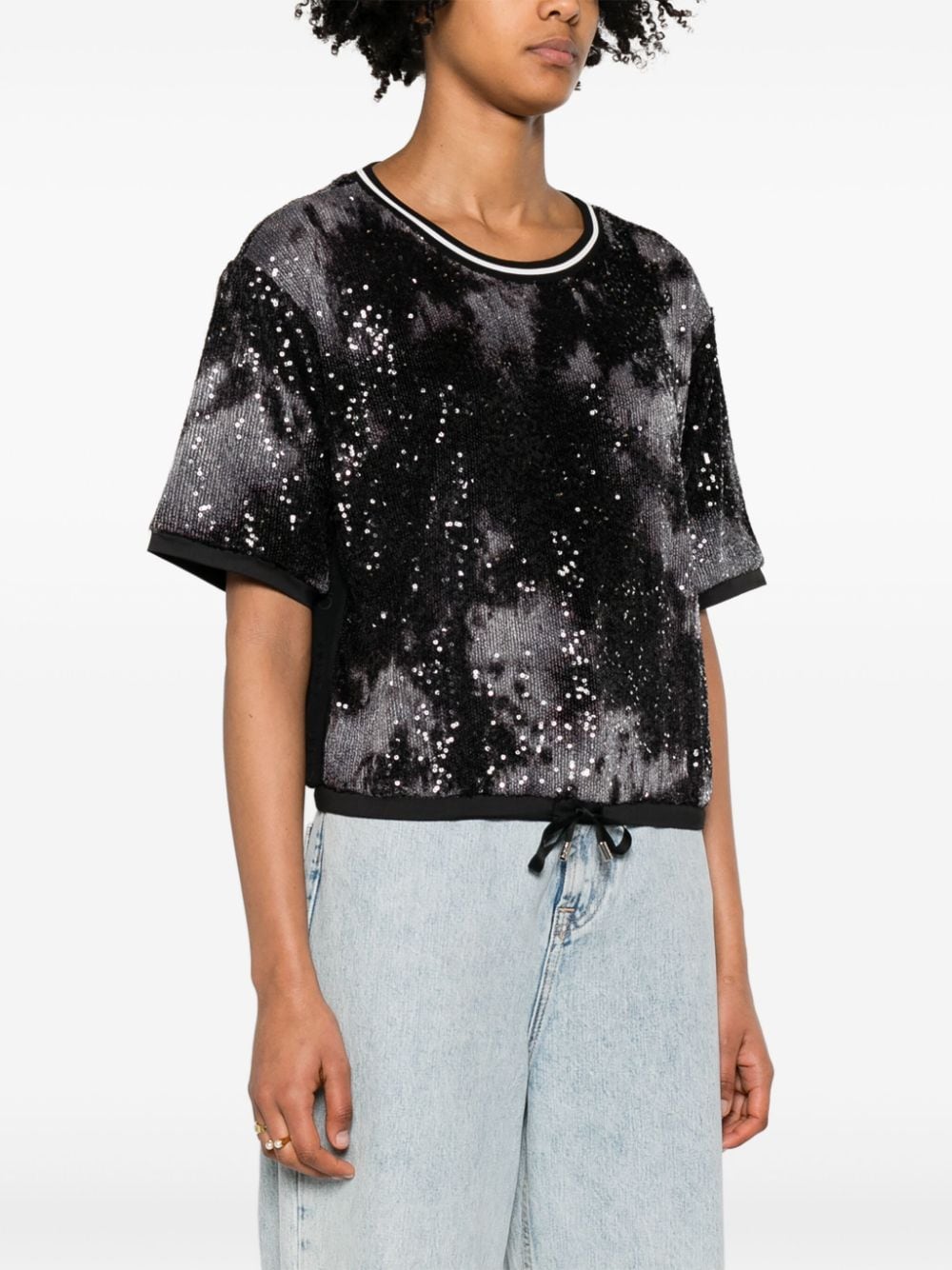 Shop Liu •jo Bead-embellished Patterned T-shirt In Schwarz