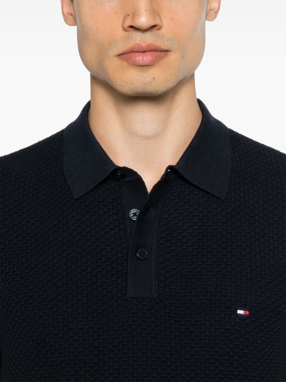 Shop Tommy Hilfiger Logo-embroidered Honeycomb Knit Polo Shirt In Blue