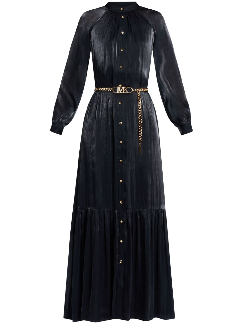 long-sleeve belted maxi shirtdress