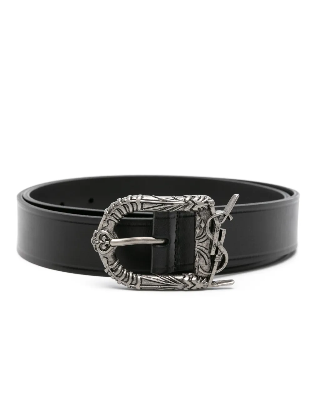 Pre-owned Saint Laurent Engraved-buckle Leather Belt In Black