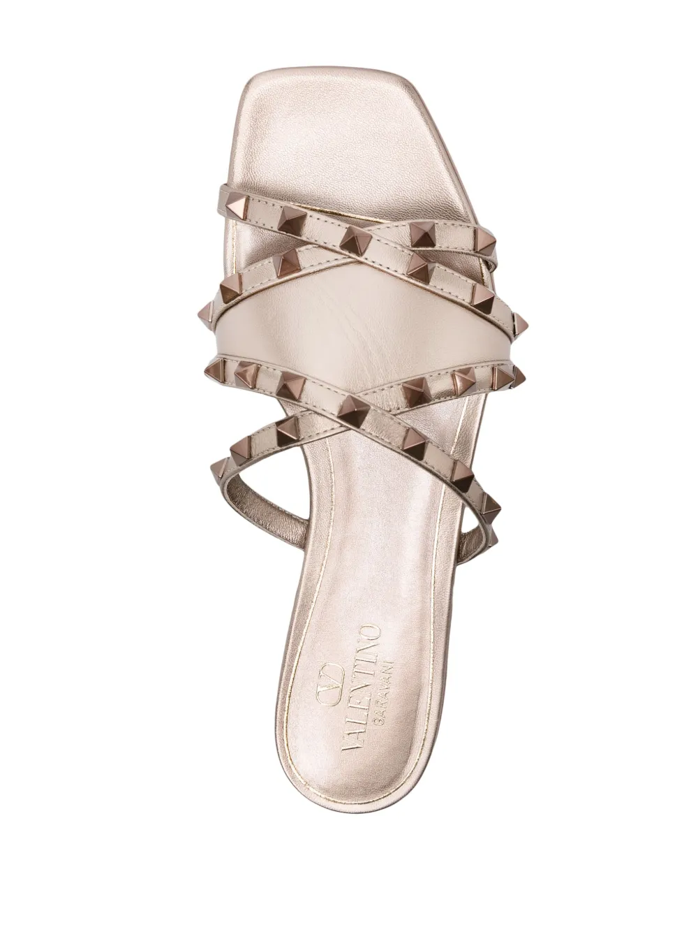 Shop Valentino Rockstud Metallic Leather Slides In Gold