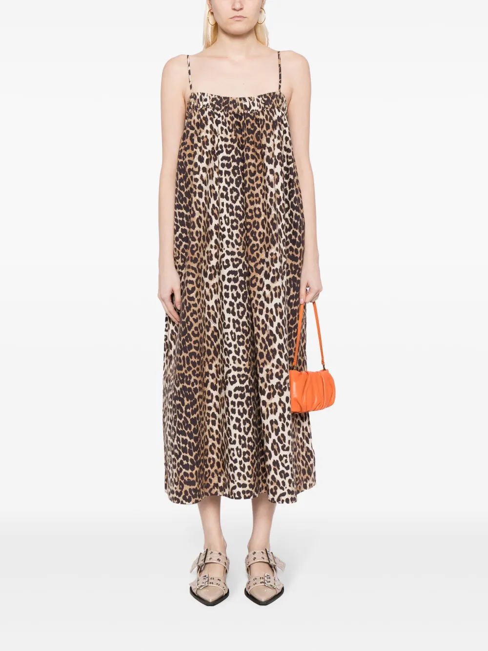GANNI printed midi strap dress - Bruin