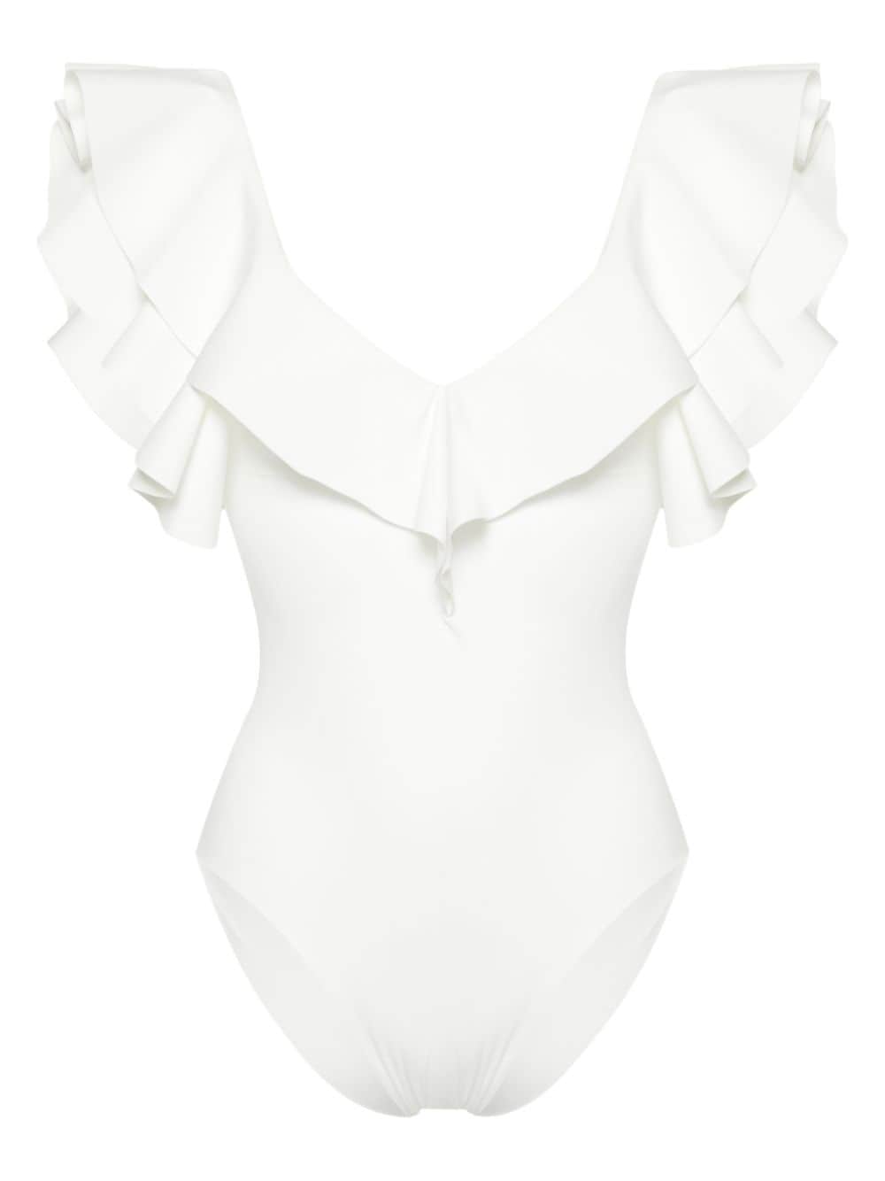 Shop Maygel Coronel Santa Ruffled Swimsuit In White