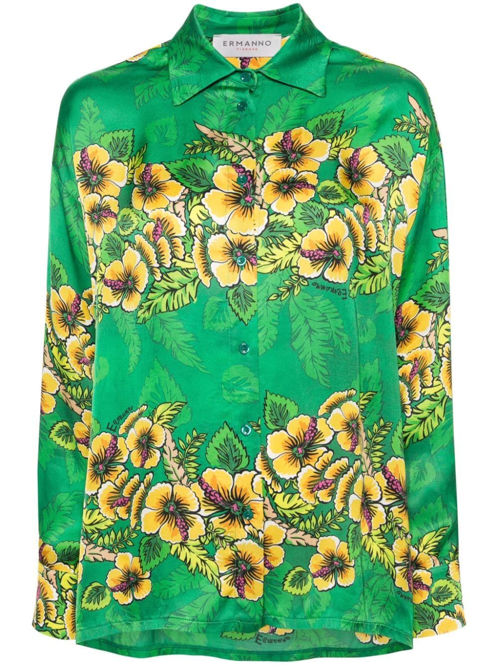Ermanno Firenze Floral Satin Shirt In Green