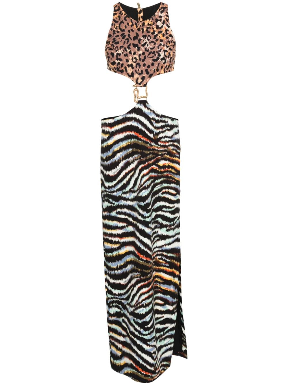 Just Cavalli Animal-print Cut-out Long Dress In Black