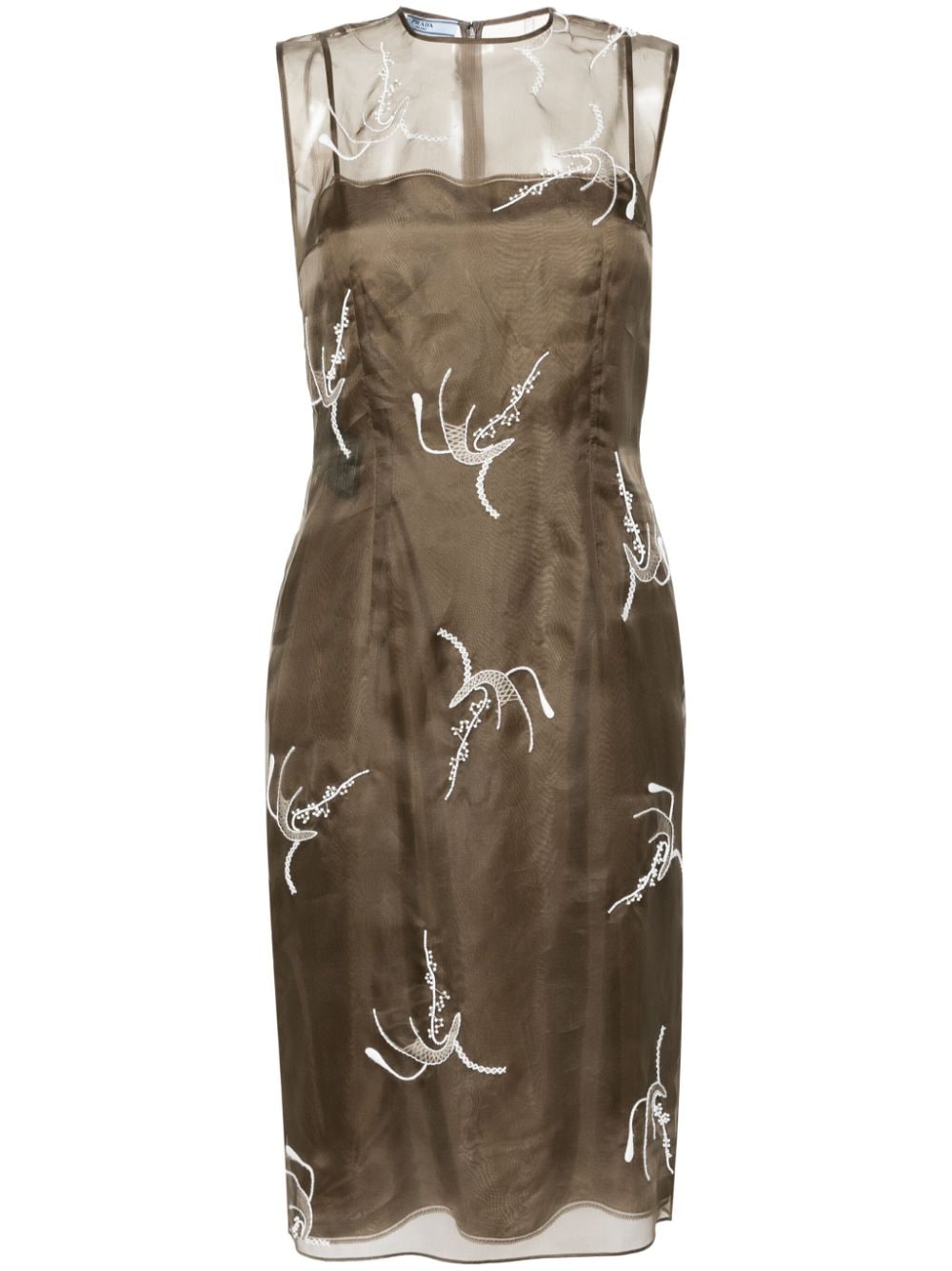 Prada Embroidered Slip Midi Dress In Brown