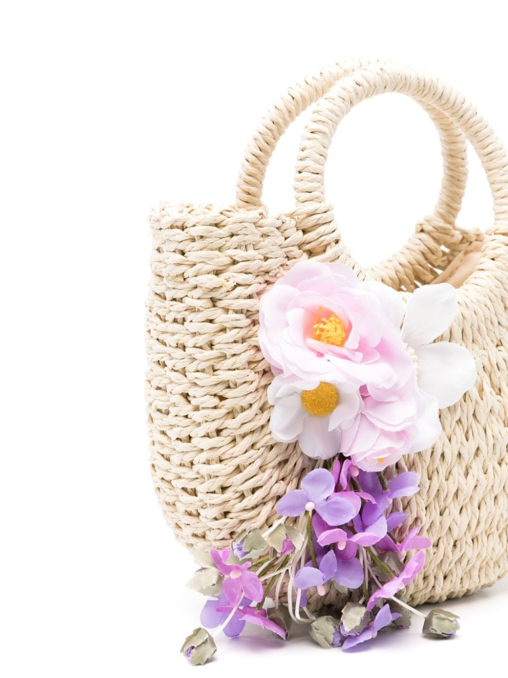 Shop Monnalisa Floral-appliqué Woven-raffia Bag In Neutrals